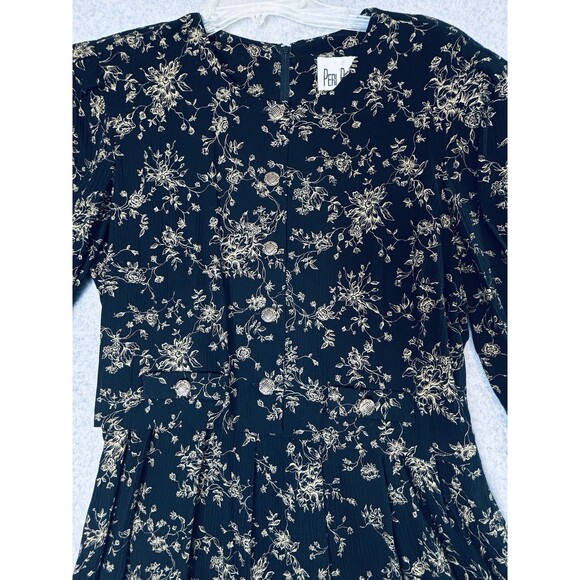 Vintage Peri Petites Black & Gold Floral Dress - Buttons - Size 14 - Retro Soft - Picture 5 of 11